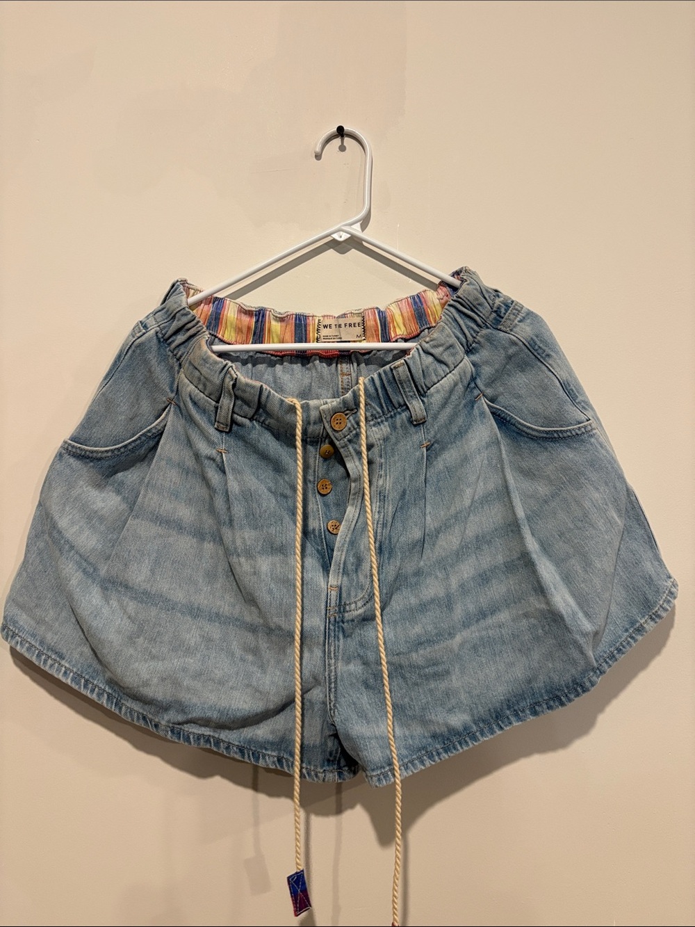 We The Free Washed Light Blue Denim Drawstring Flare Shorts